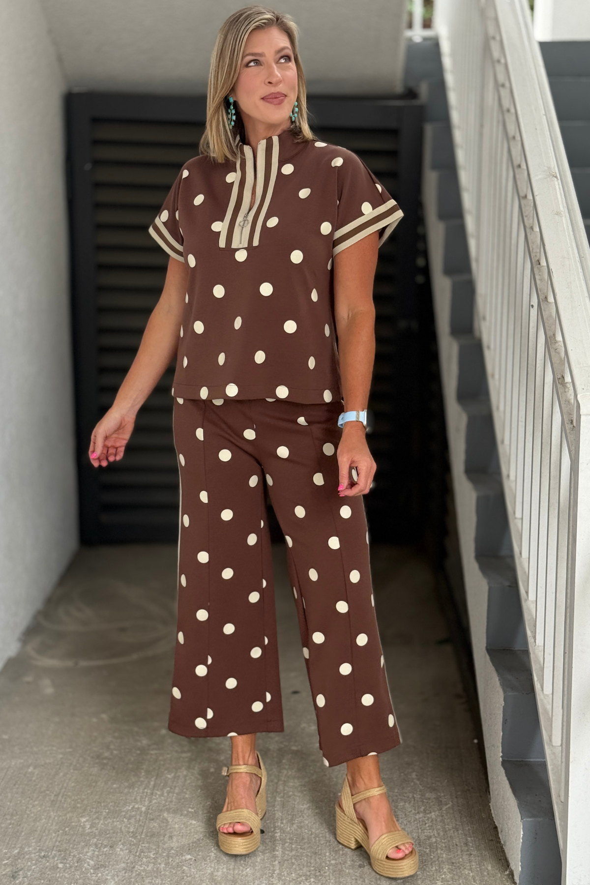Brown polka dot matching set.