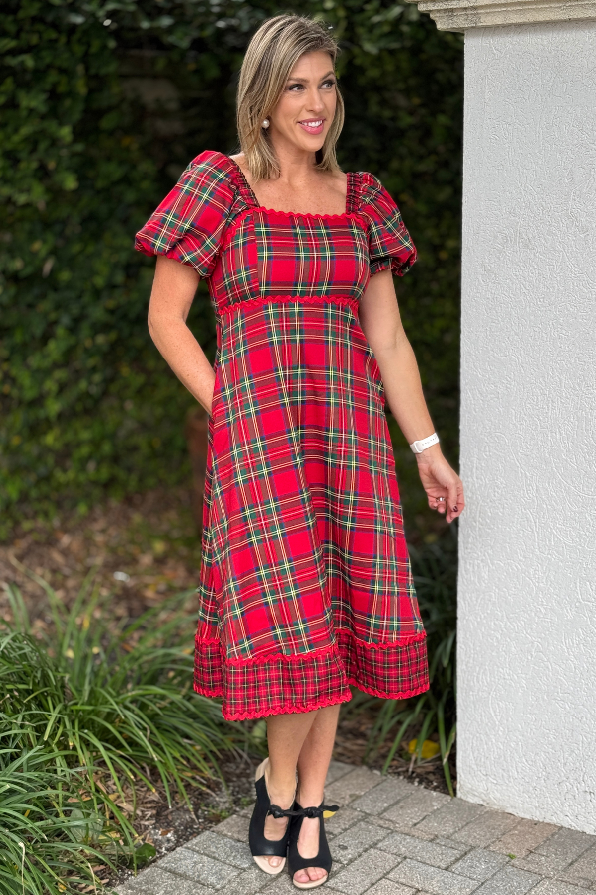 Christmas Traditions Plaid Puff Sleeve Midi Dress