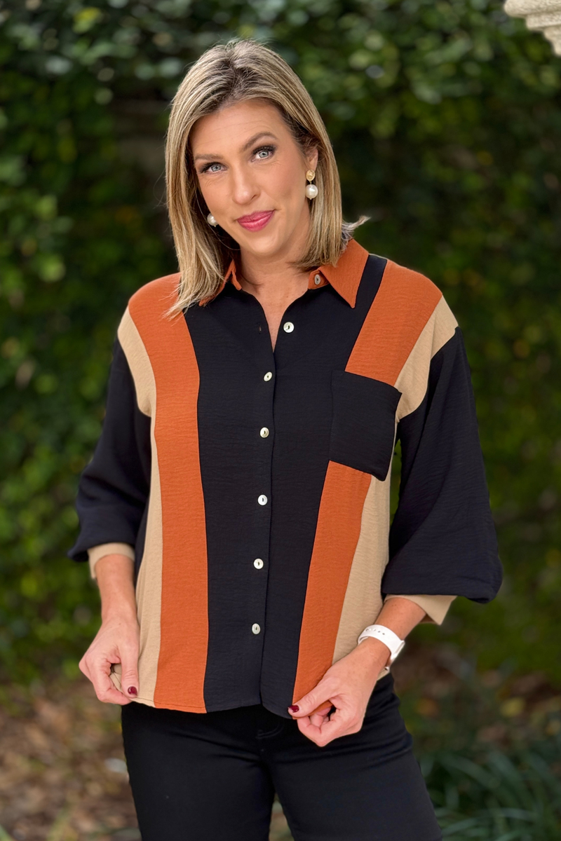 Women's black rust and camel colorblock button-down blouse