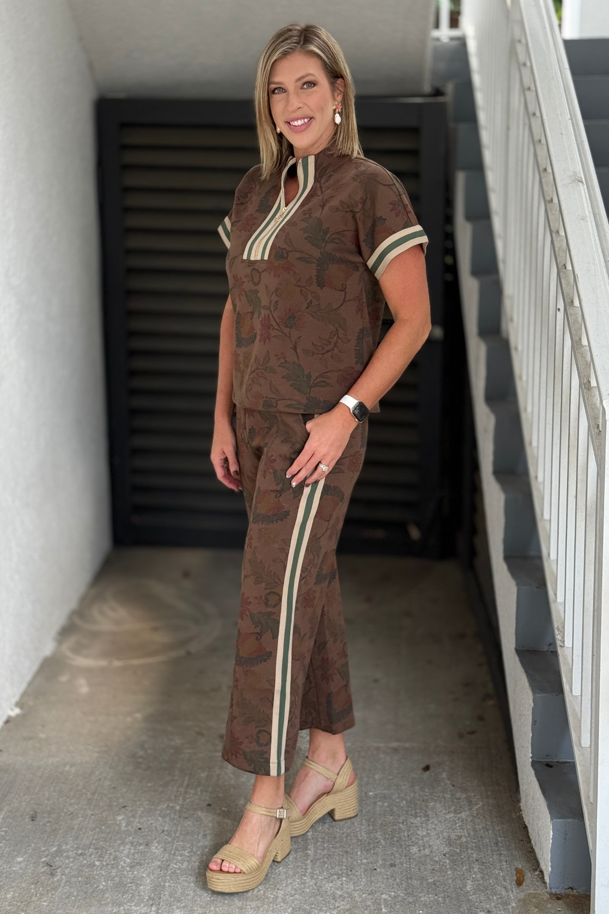 Brown short sleeve top and cropped wide leg pant set