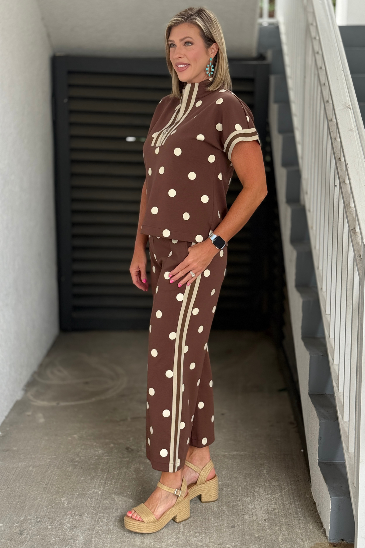 Wide leg polka dot pants with coordinating top.