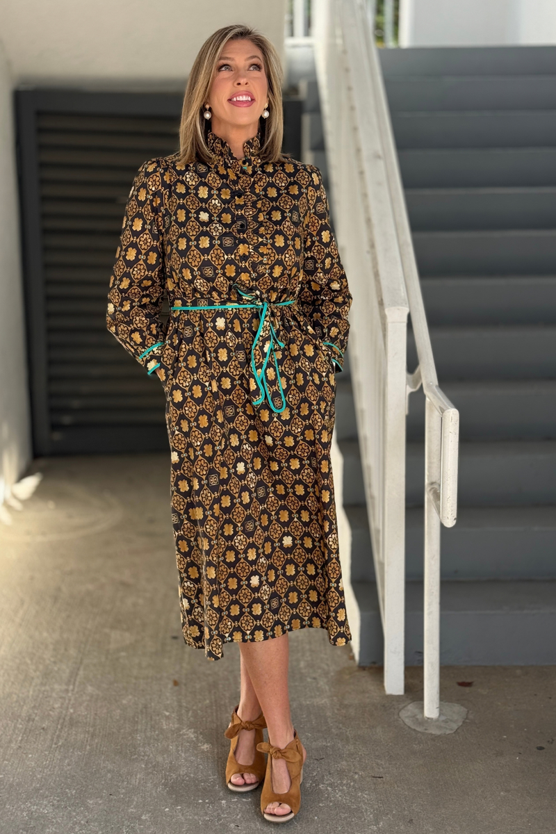Fall geometric floral midi dress with tie waist