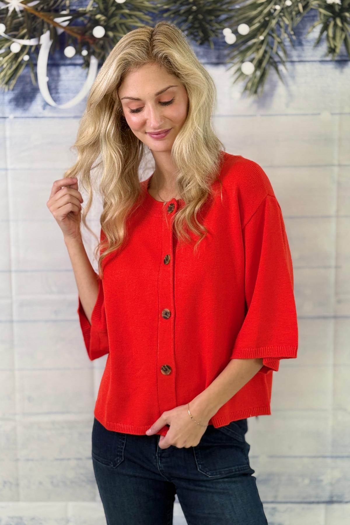 Red relaxed fit cardigan with drop shoulder 3/4 sleeves  