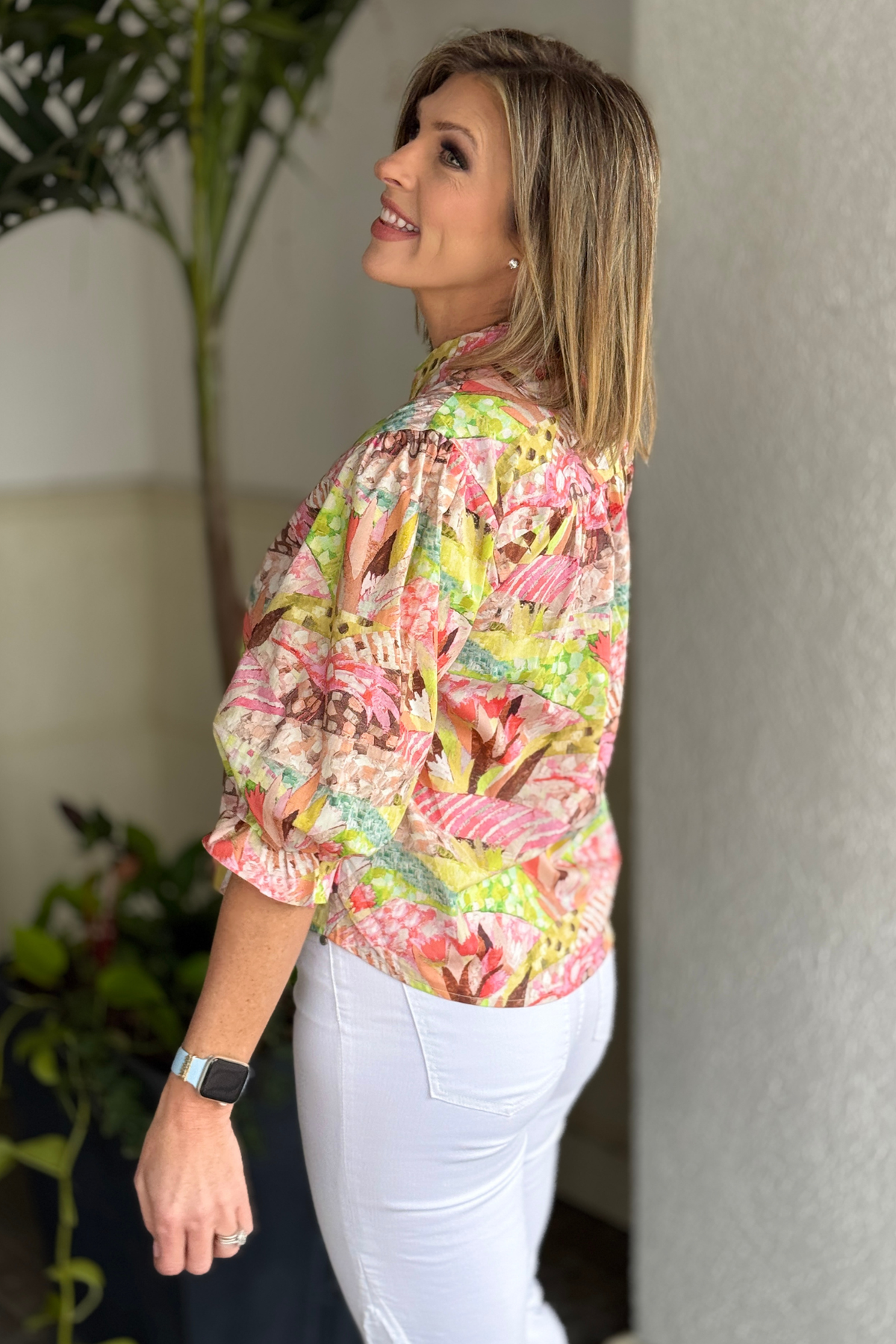 Lightweight printed top styled with denim