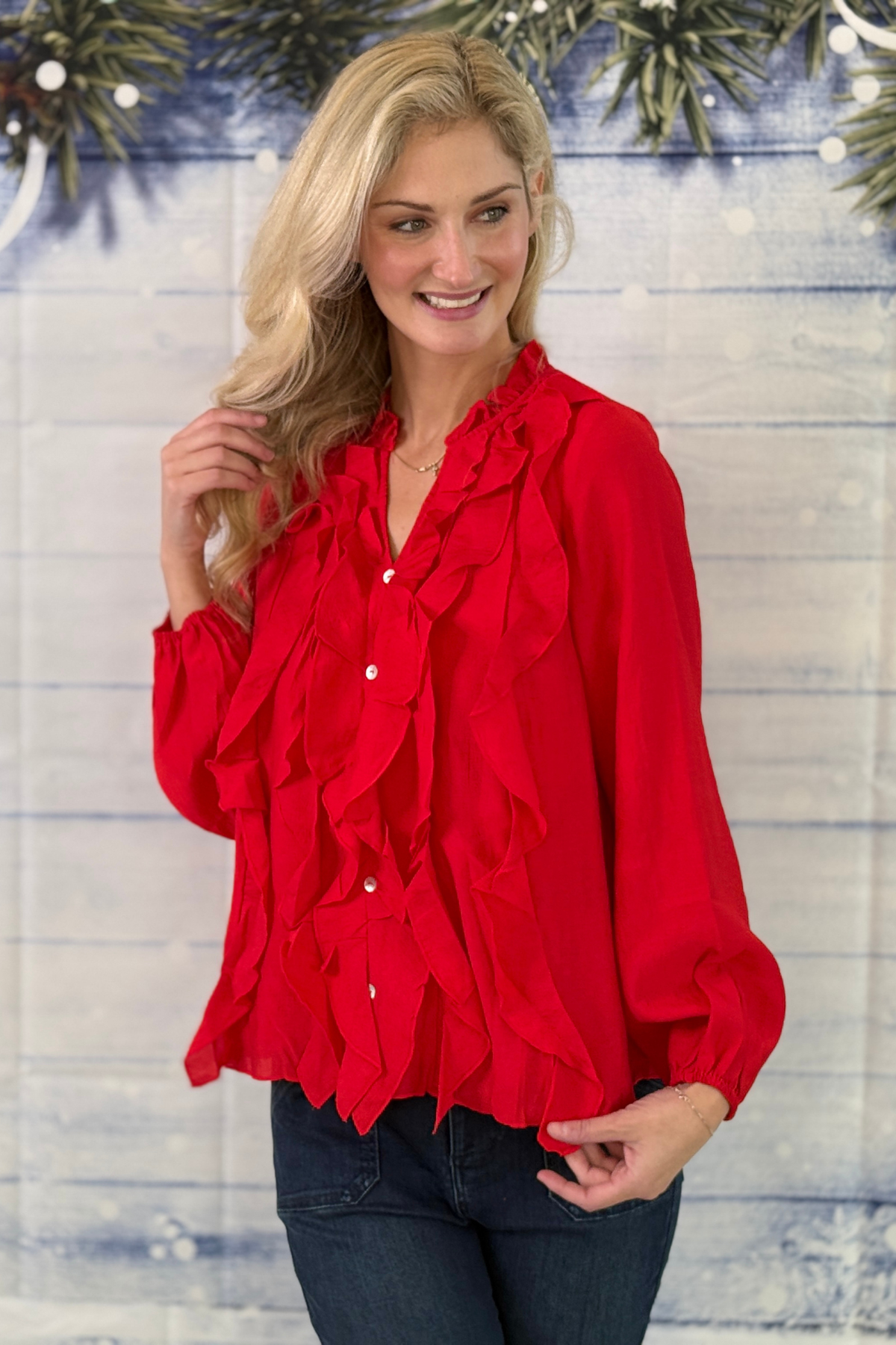 Women's red draped ruffle button down blouse for Christmas 2026