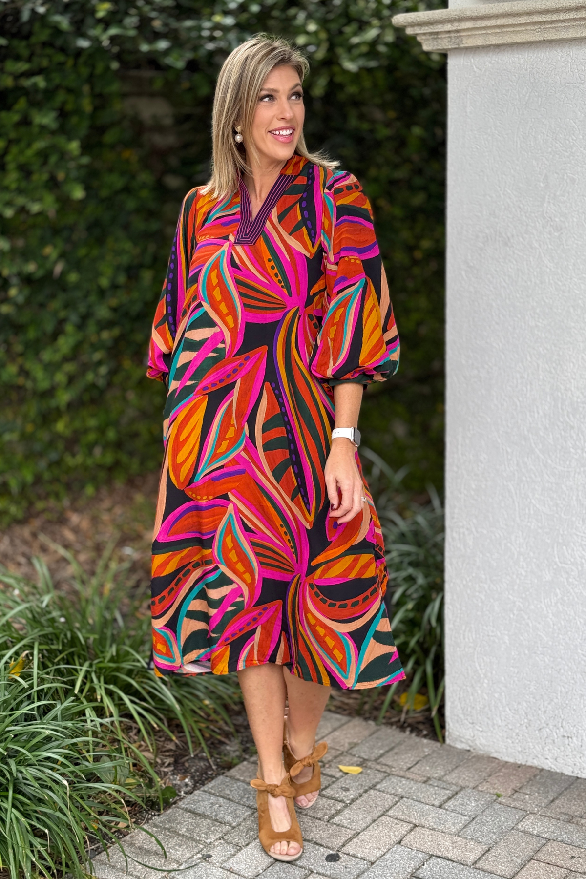Color Story Abstract Midi Dress in multicolor botanical print