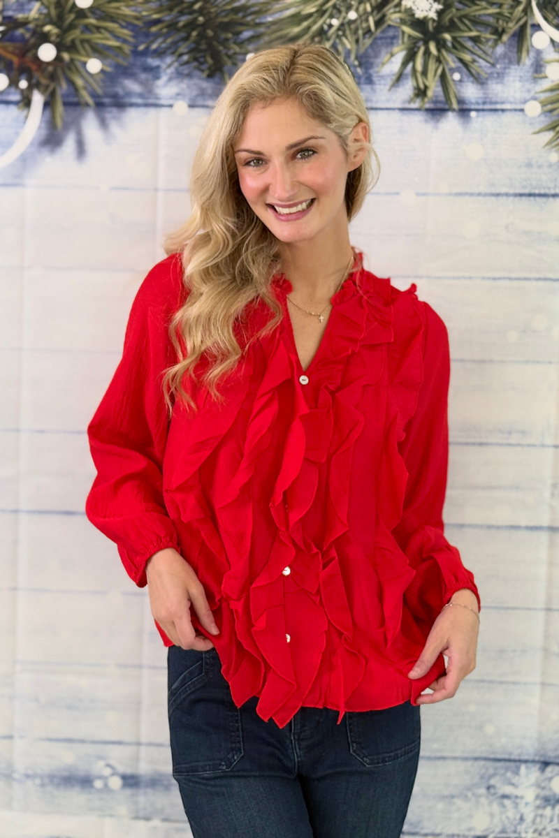 Red long sleeve blouse with cascading ruffle front and crinkle fabric