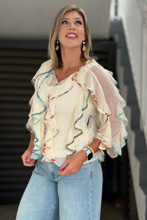 layered ruffle blouse front view textured top