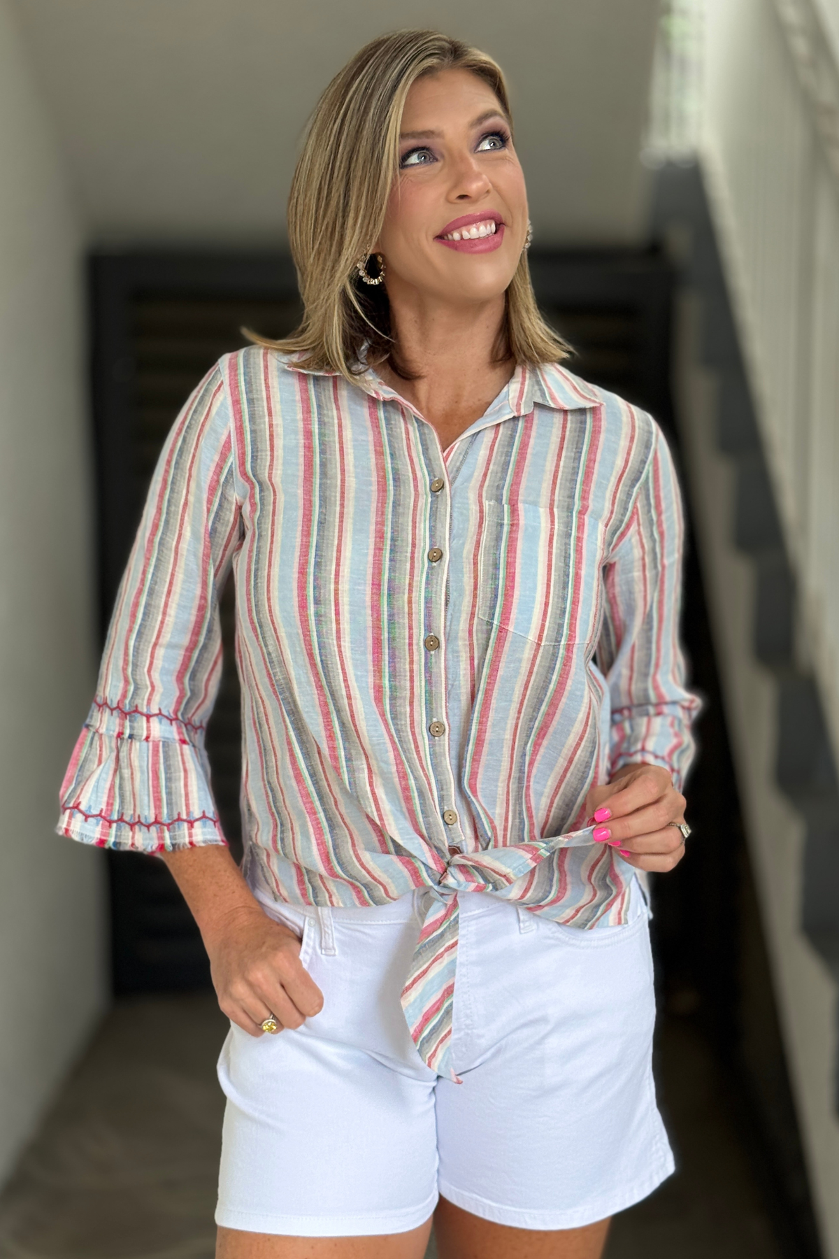 lightweight striped button down blouse with tie hem
