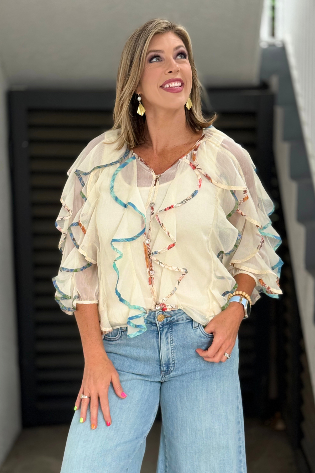 back view ruffle cascade blouse two piece design