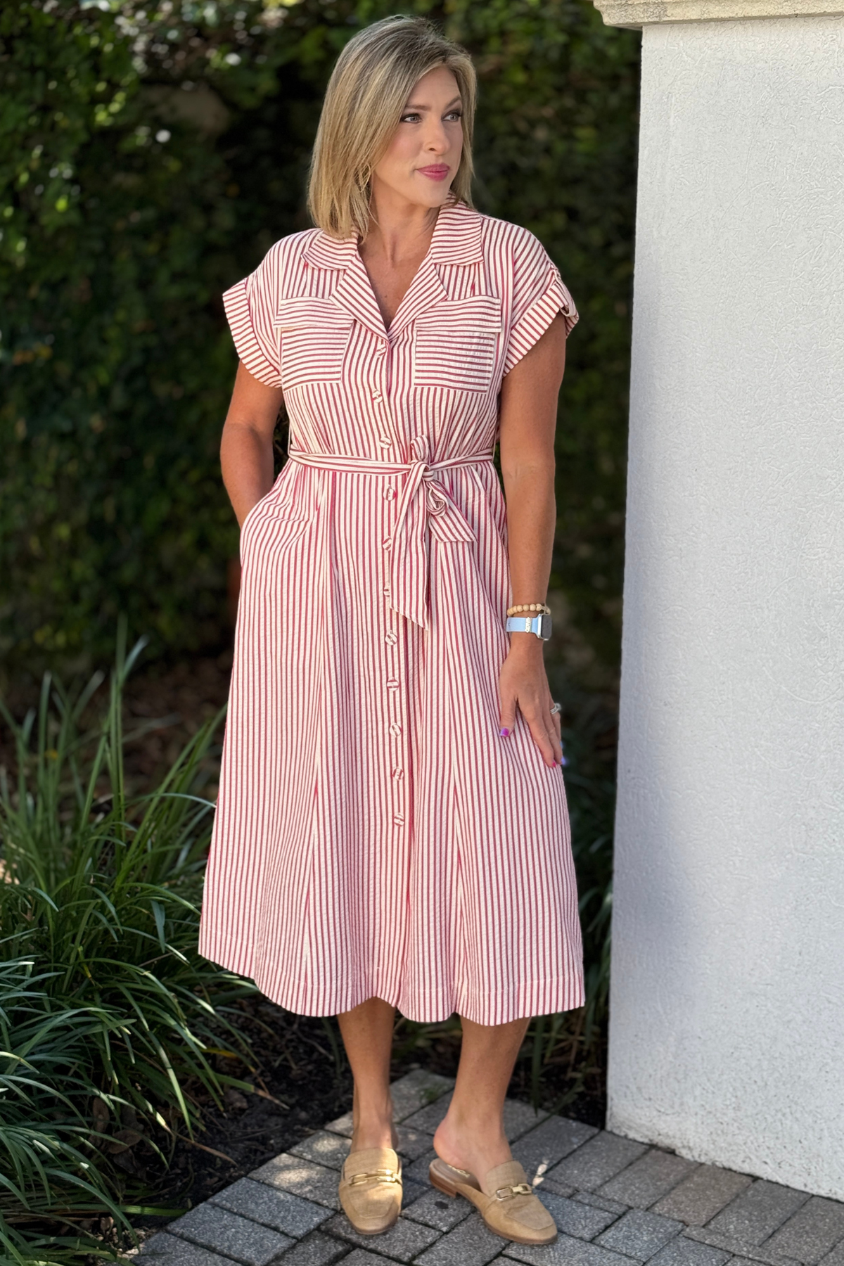 Red and ivory striped button front midi dress with tie waist