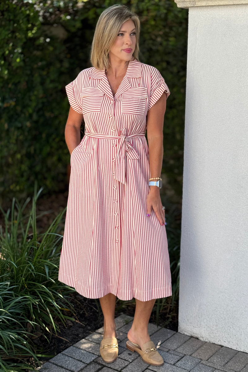 Red and ivory striped button front midi dress with tie waist