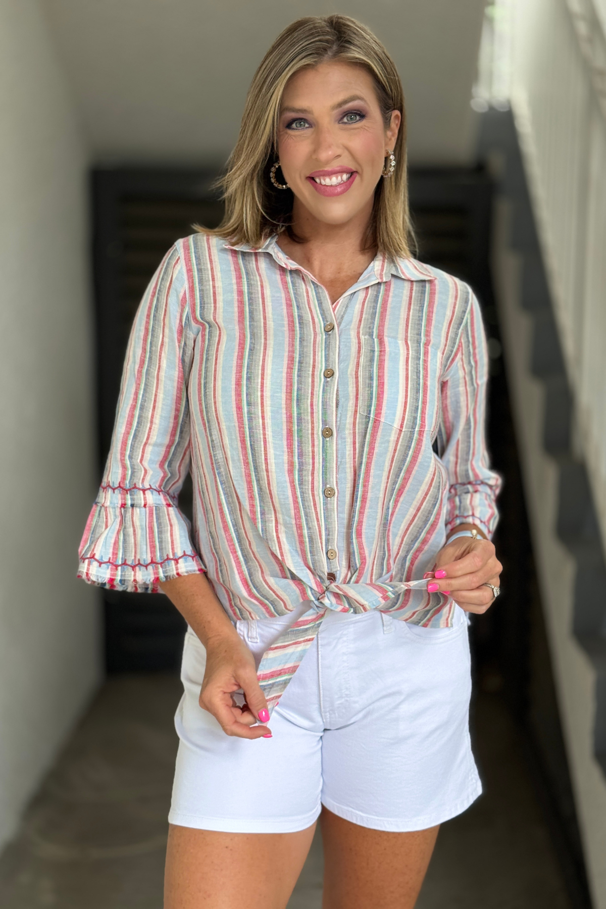 striped tie front blouse with ruffle sleeves front view