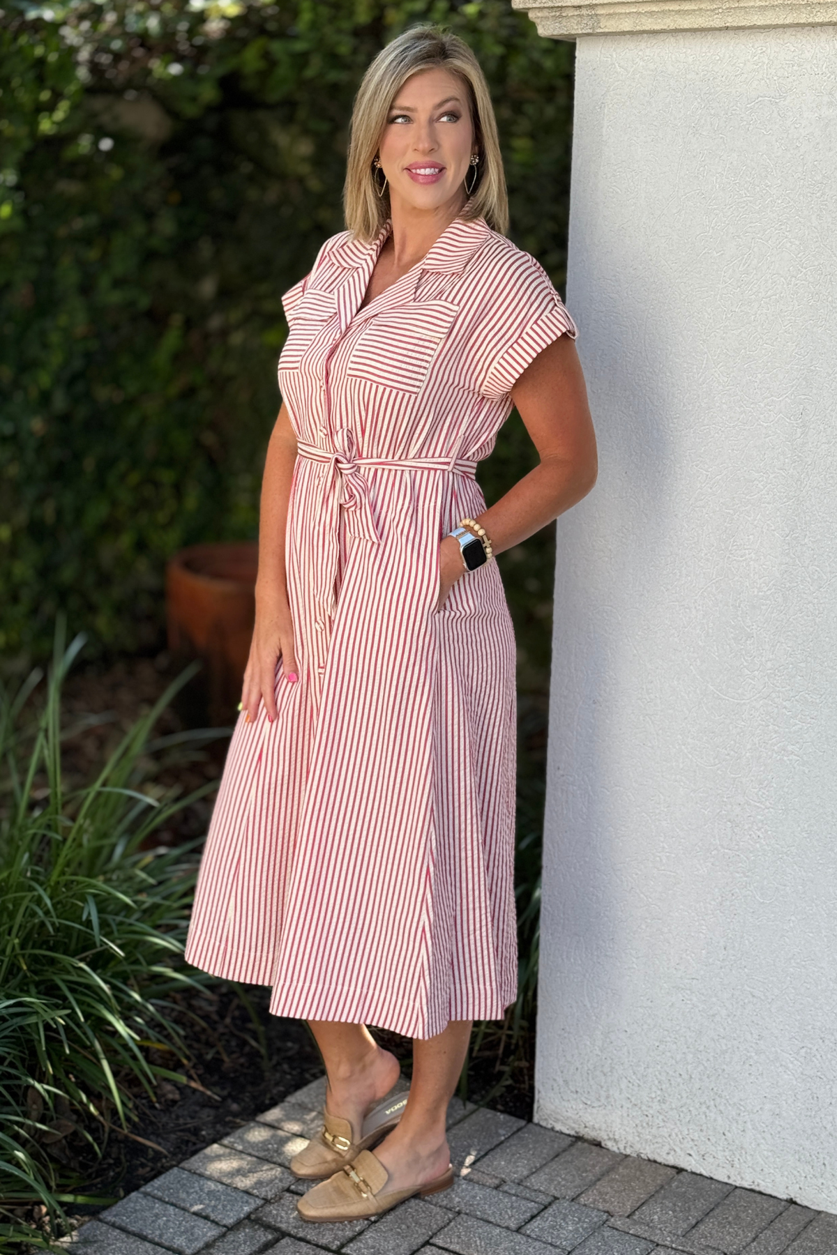 Side view of John Mark striped cap sleeve dress