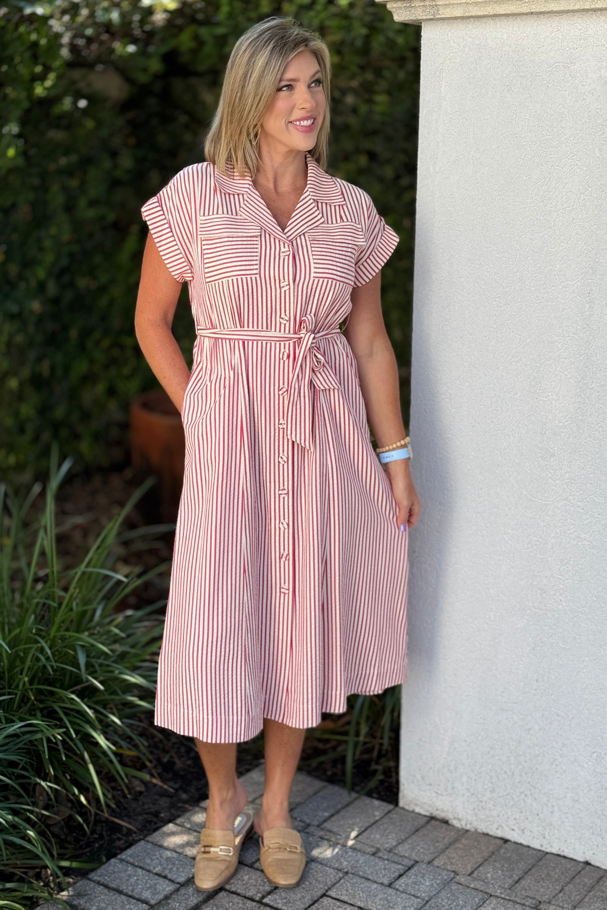 Red Stripe Tie Waist Dress by John Mark front view