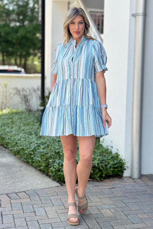 Joy Joy Blue Stripe Tiered Shirt Dress