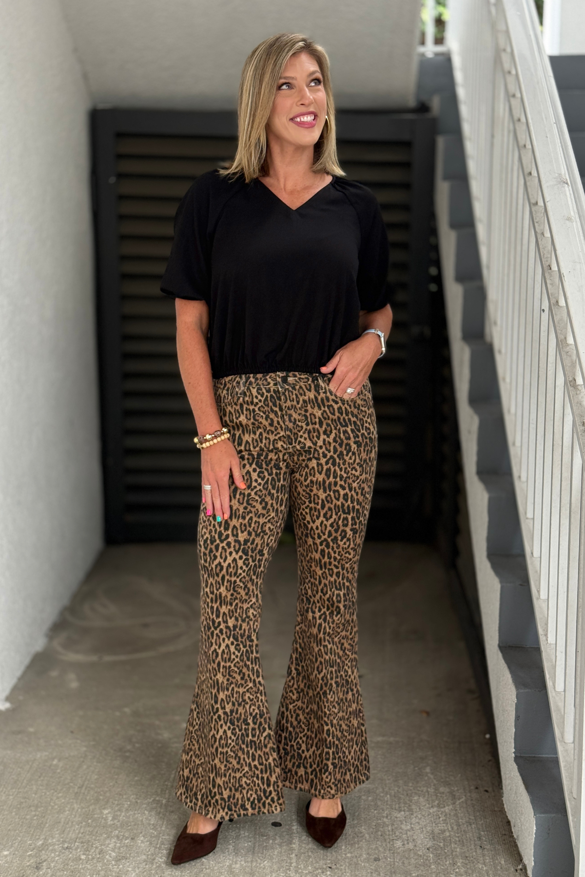 Mid-rise leopard flare jeans with Judy Blue stretch denim.