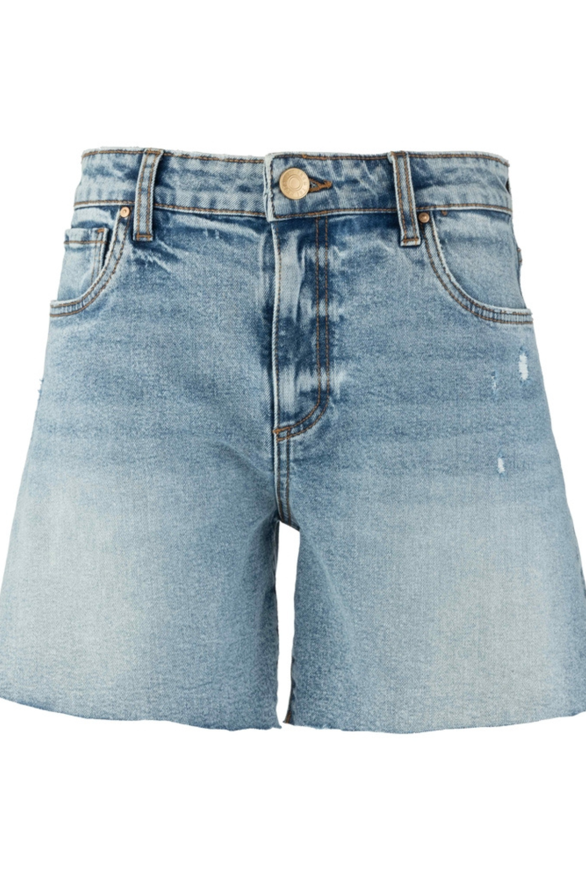 Boutique high rise raw hem shorts styled with pink stripe top