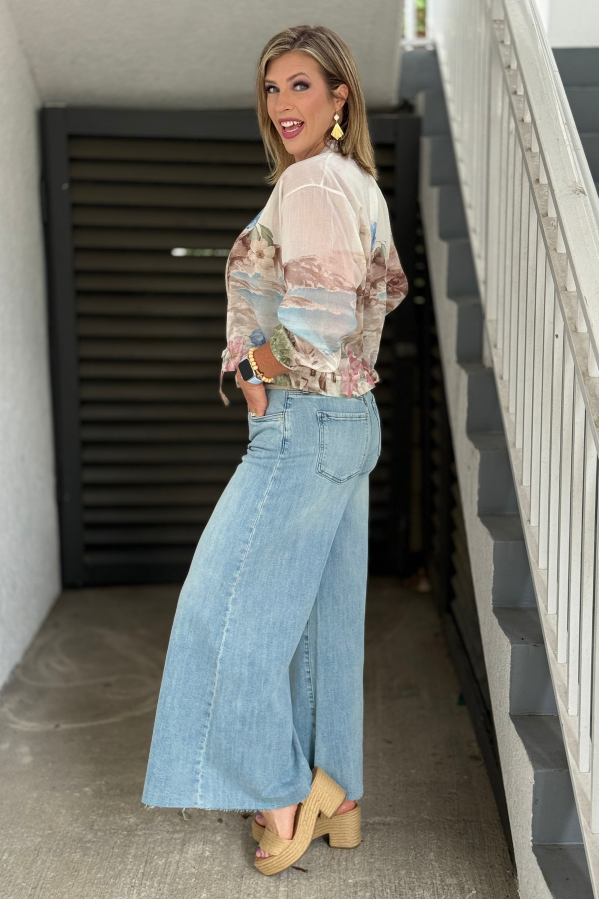 Designer wide leg denim jeans in Transcendent wash for women