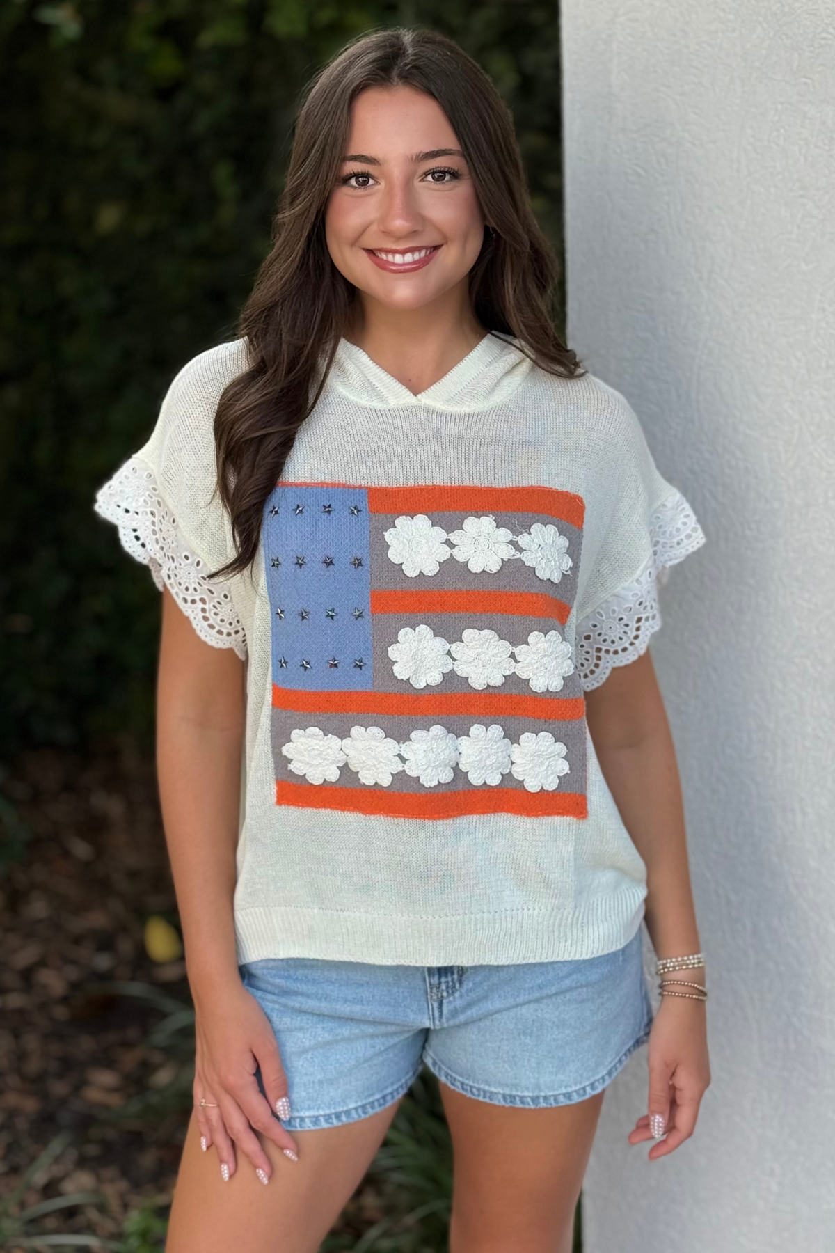 Americana Bloom Knit Hoodie in Ivory