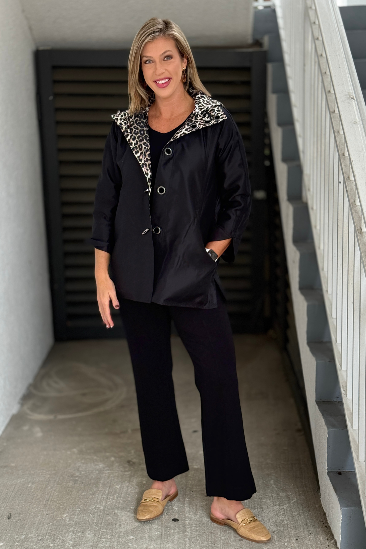 Oopera black reversible jacket with leopard print collar