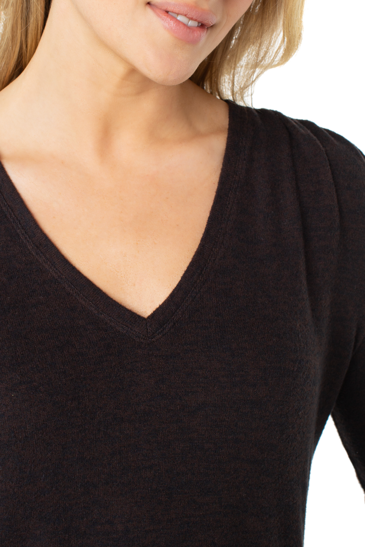 Close-up of V-neckline and shoulder shirring on Liverpool Java Mélange Knit Top.