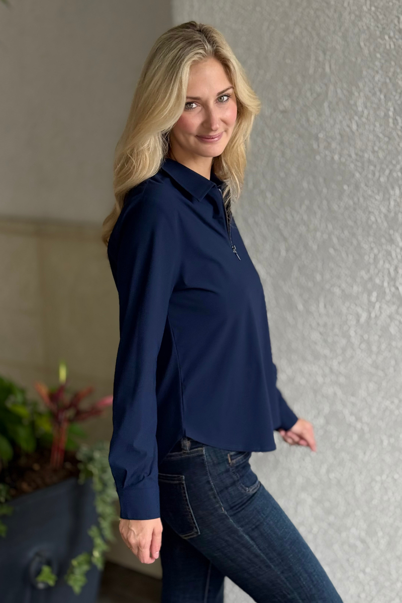 Close-up of navy half-zip collared knit shirt detail