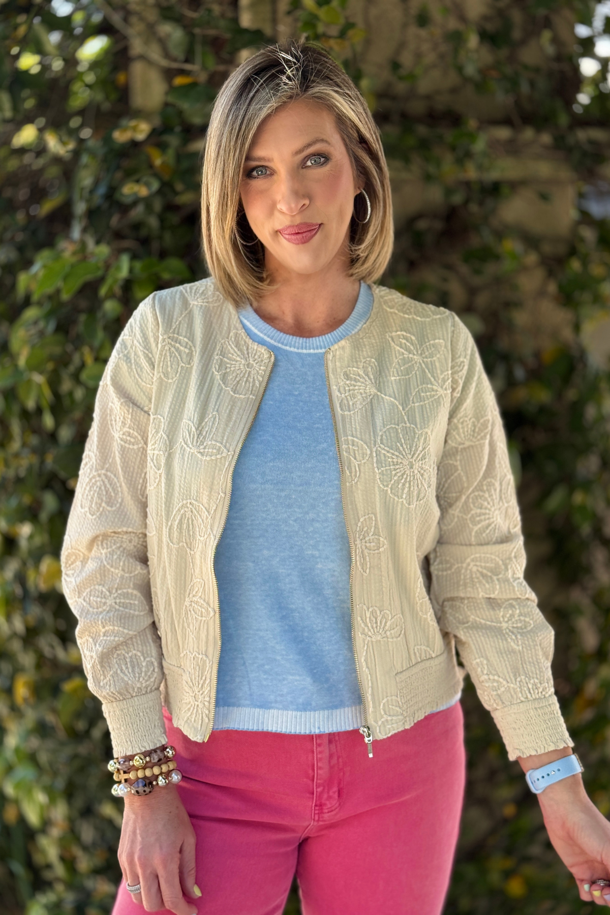 women’s floral textured jacket with smocked waist