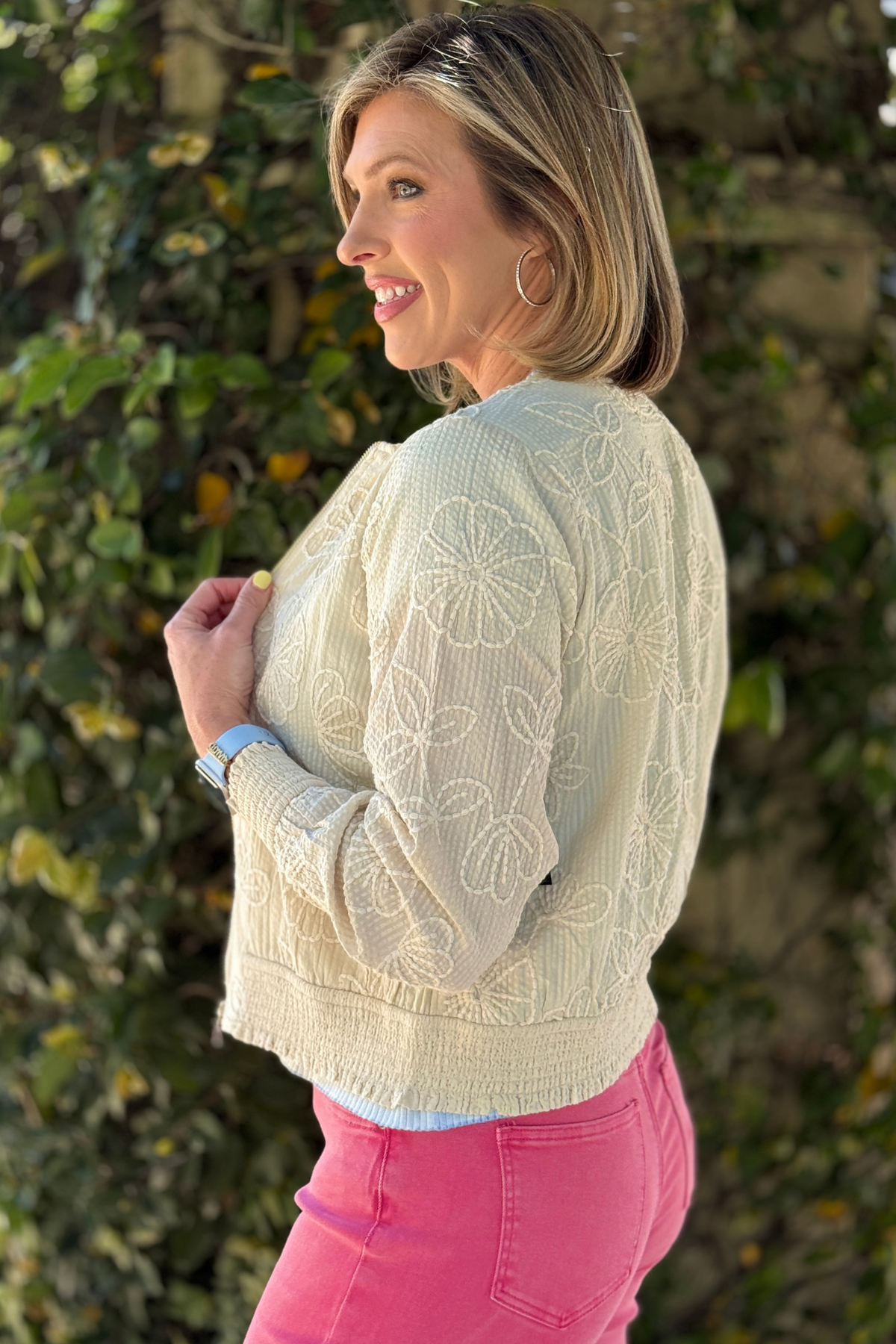 neutral spring jacket with embroidery detail