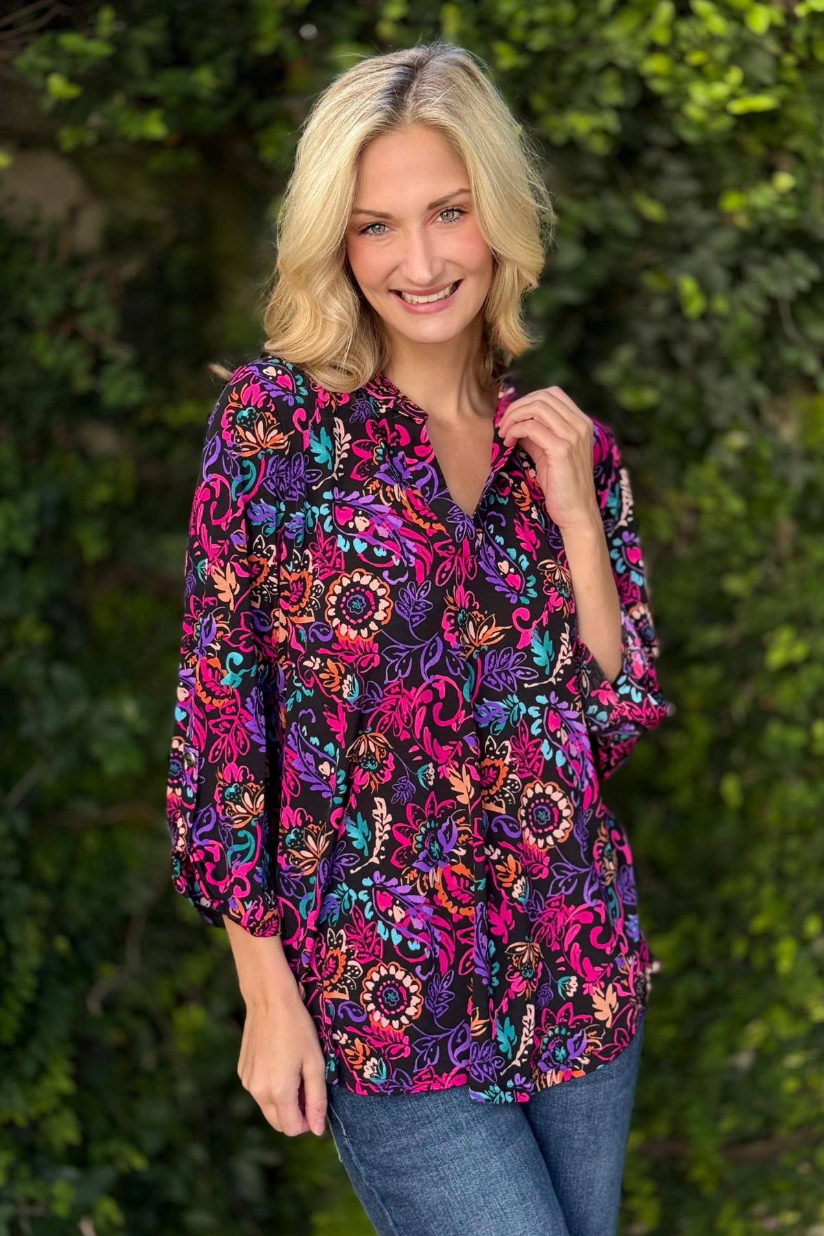 Wrinkle-free colorful floral top with split neckline