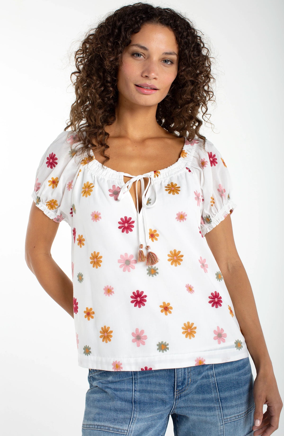 Liverpool white embroidered floral tie neck top
