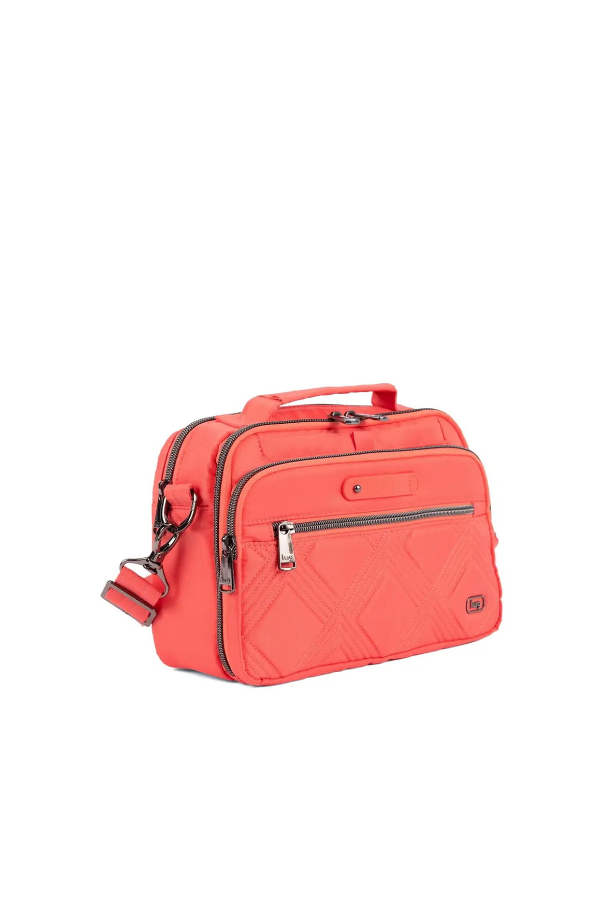 Inside view of organizer purse with patterned lining and pockets