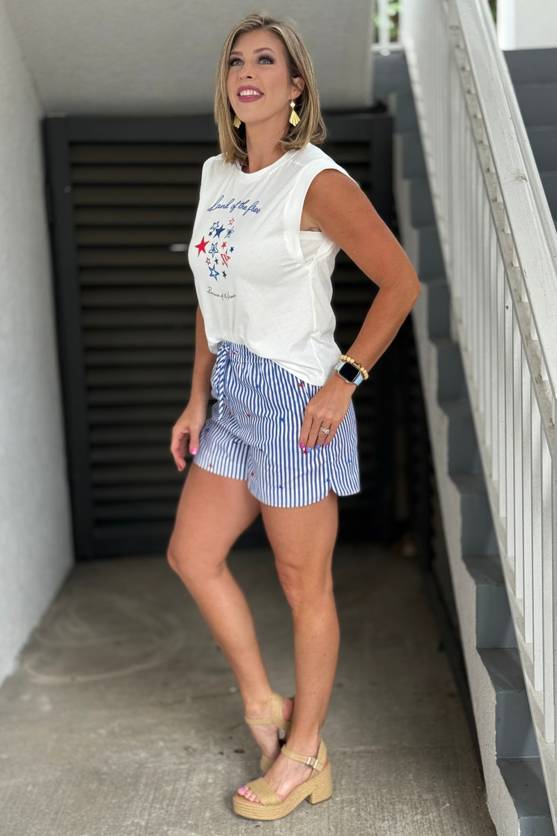 Patriotic striped shorts with red and blue star embroidery