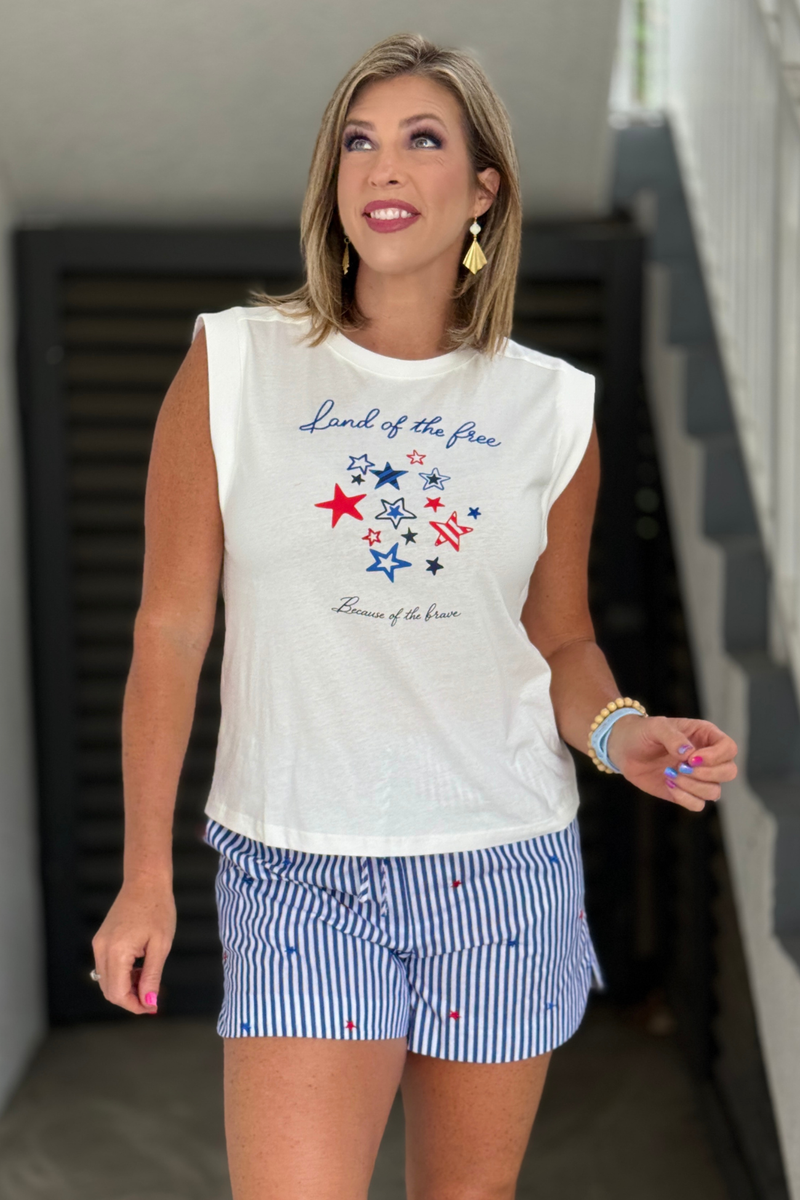 Land of the Free patriotic muscle tee with red white and blue stars