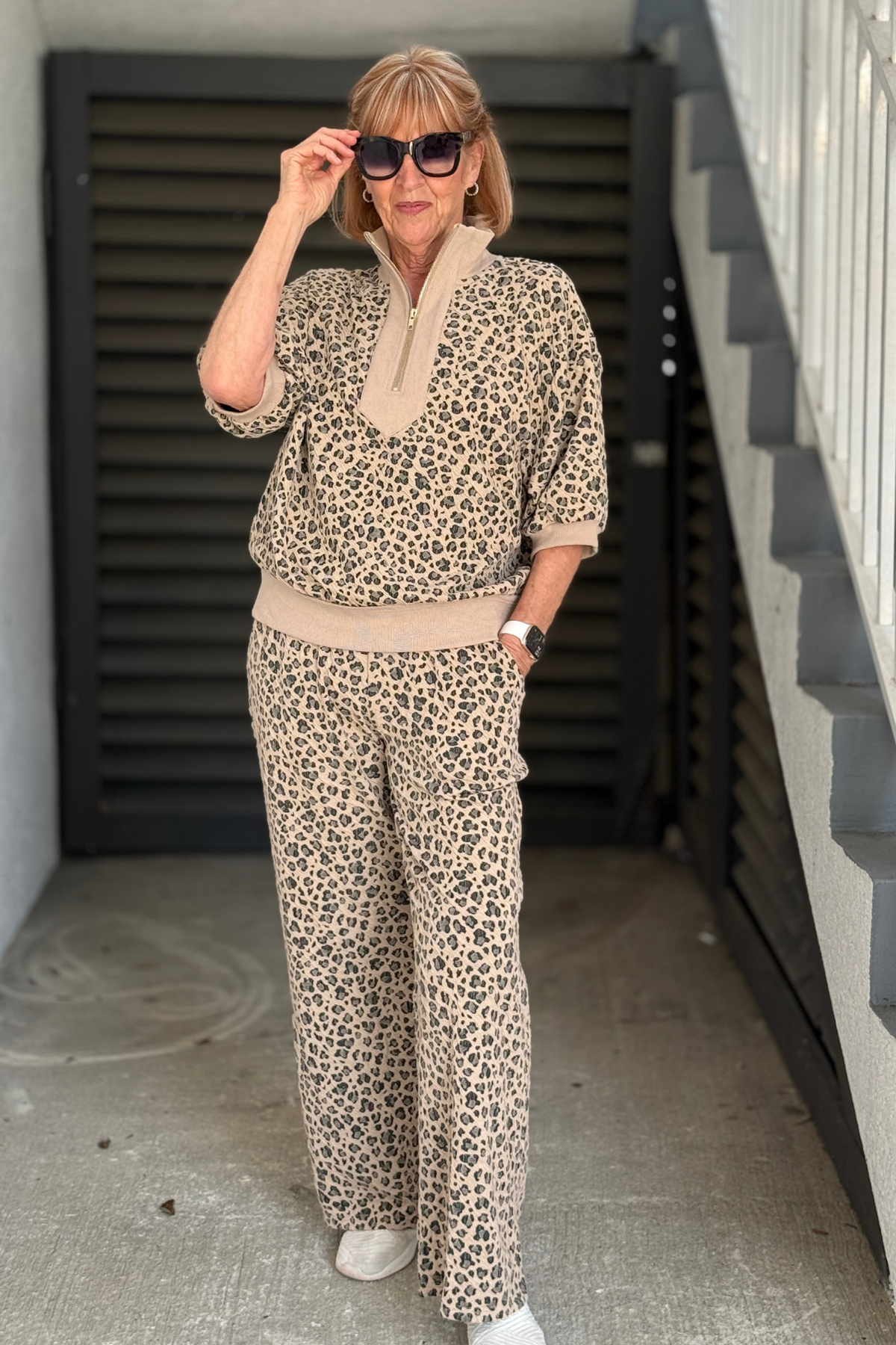 Leopard half zip pullover and straight leg pants set