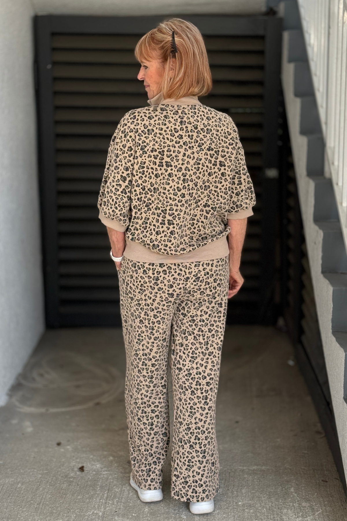 Leopard matching set styled with white sneakers