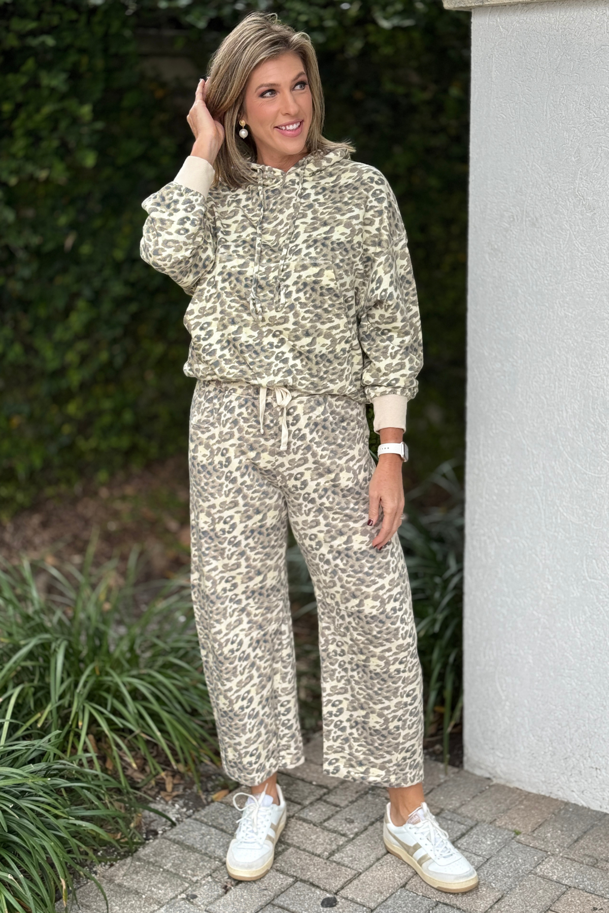 Leopard French terry hoodie and barrel pant matching set for women