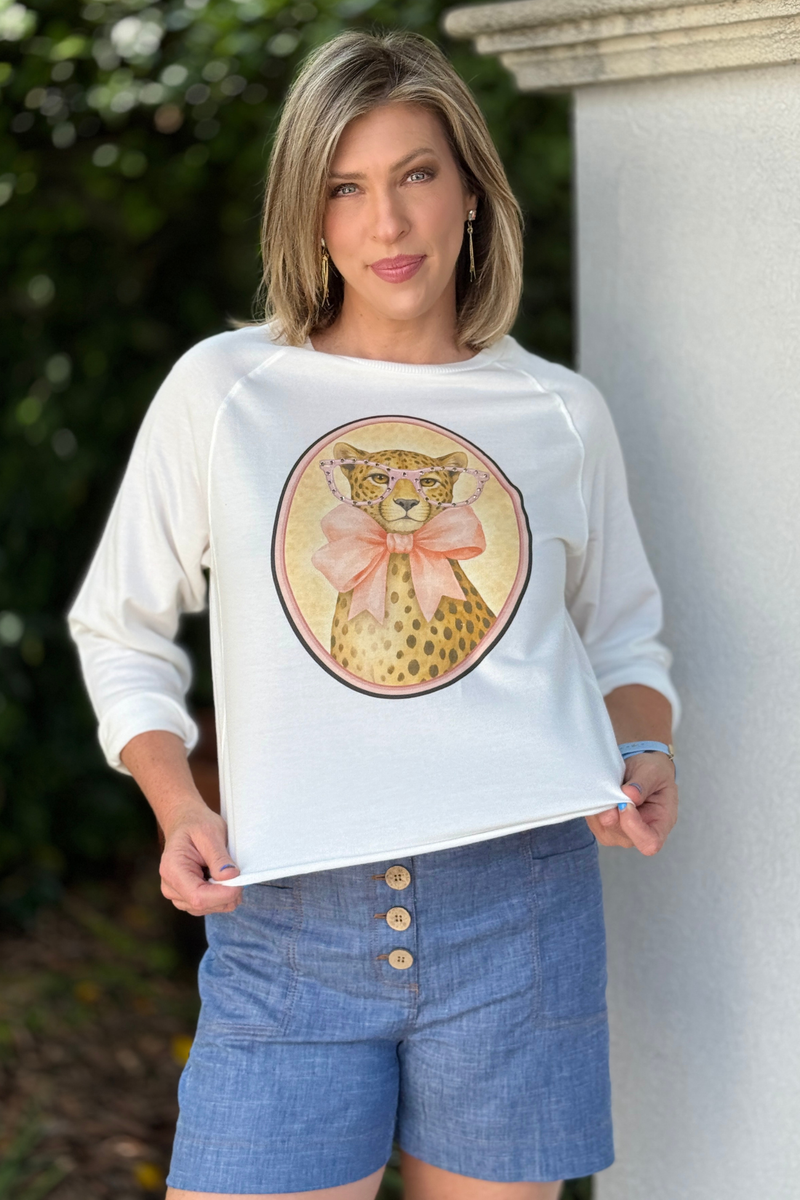 cheetah graphic tee with rhinestone glasses and bow