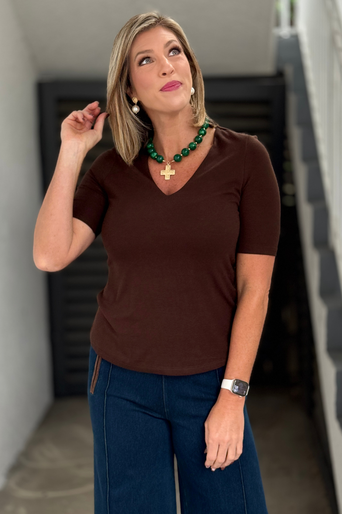 Liverpool Double Layer V-Neck Rib Knit Top in Dark Espresso