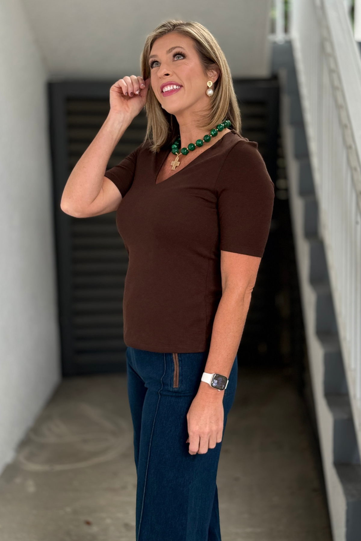 Liverpool brown mini rib knit top with elbow-length sleeves