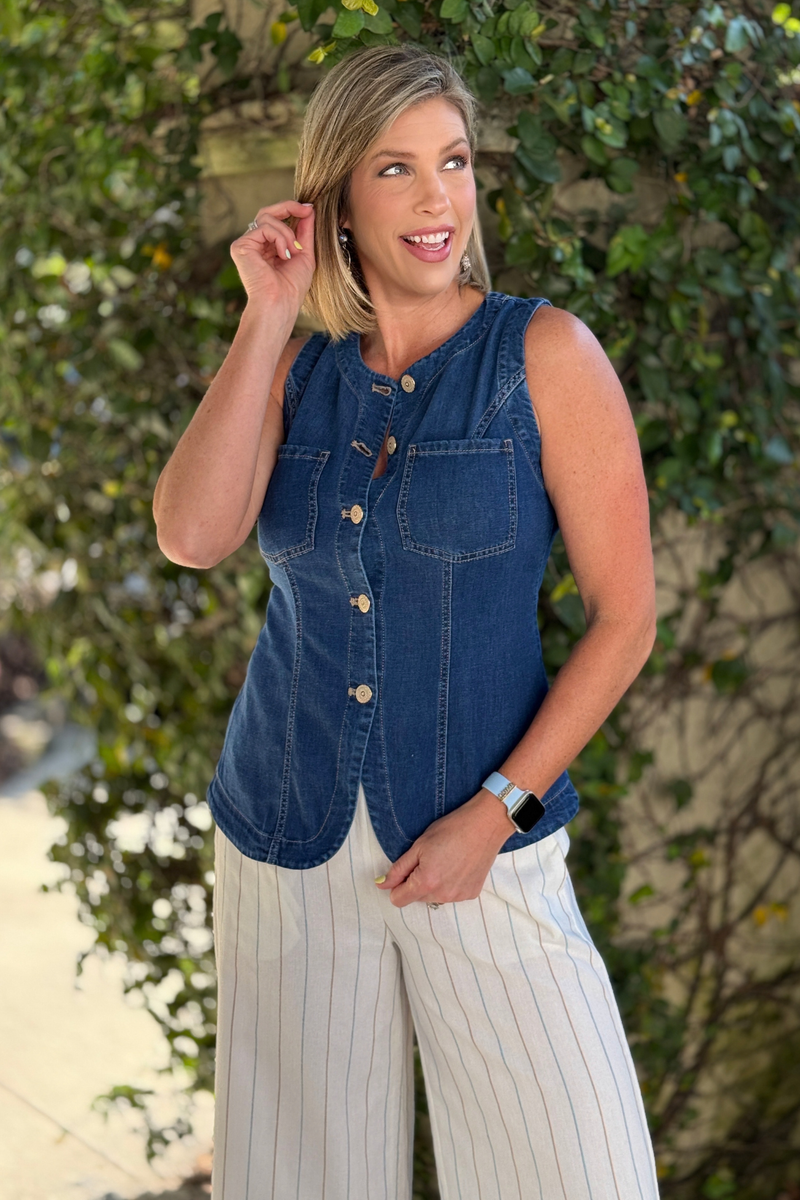 Liverpool button front denim vest women