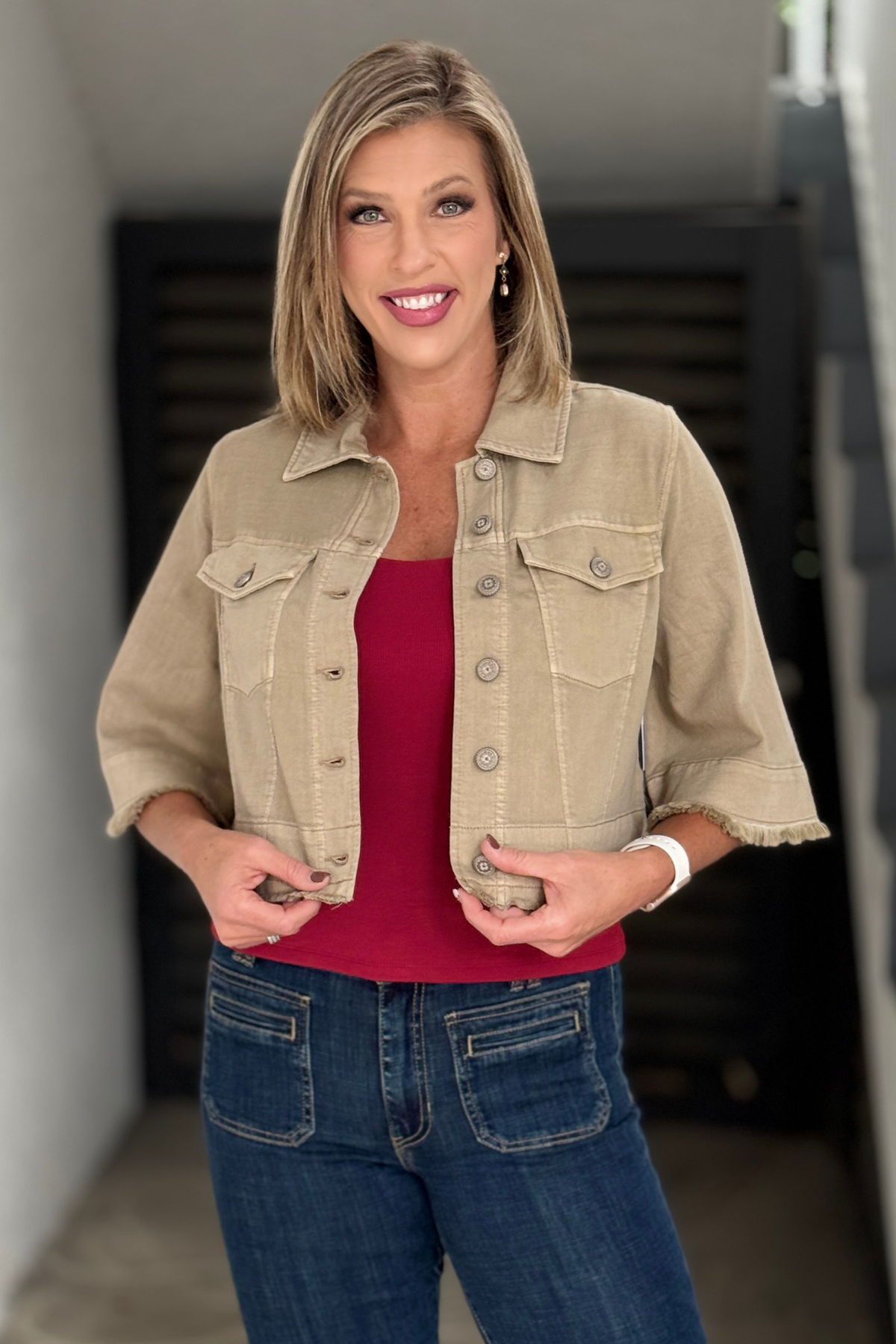 Liverpool Frayed Flounce Jacket in Light Khaki front view