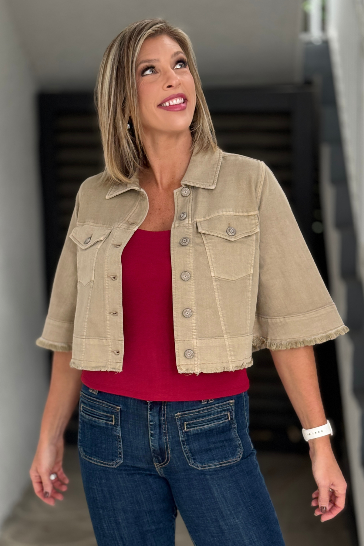 Women’s Liverpool cropped Light Khaki jacket with 3/4 sleeves