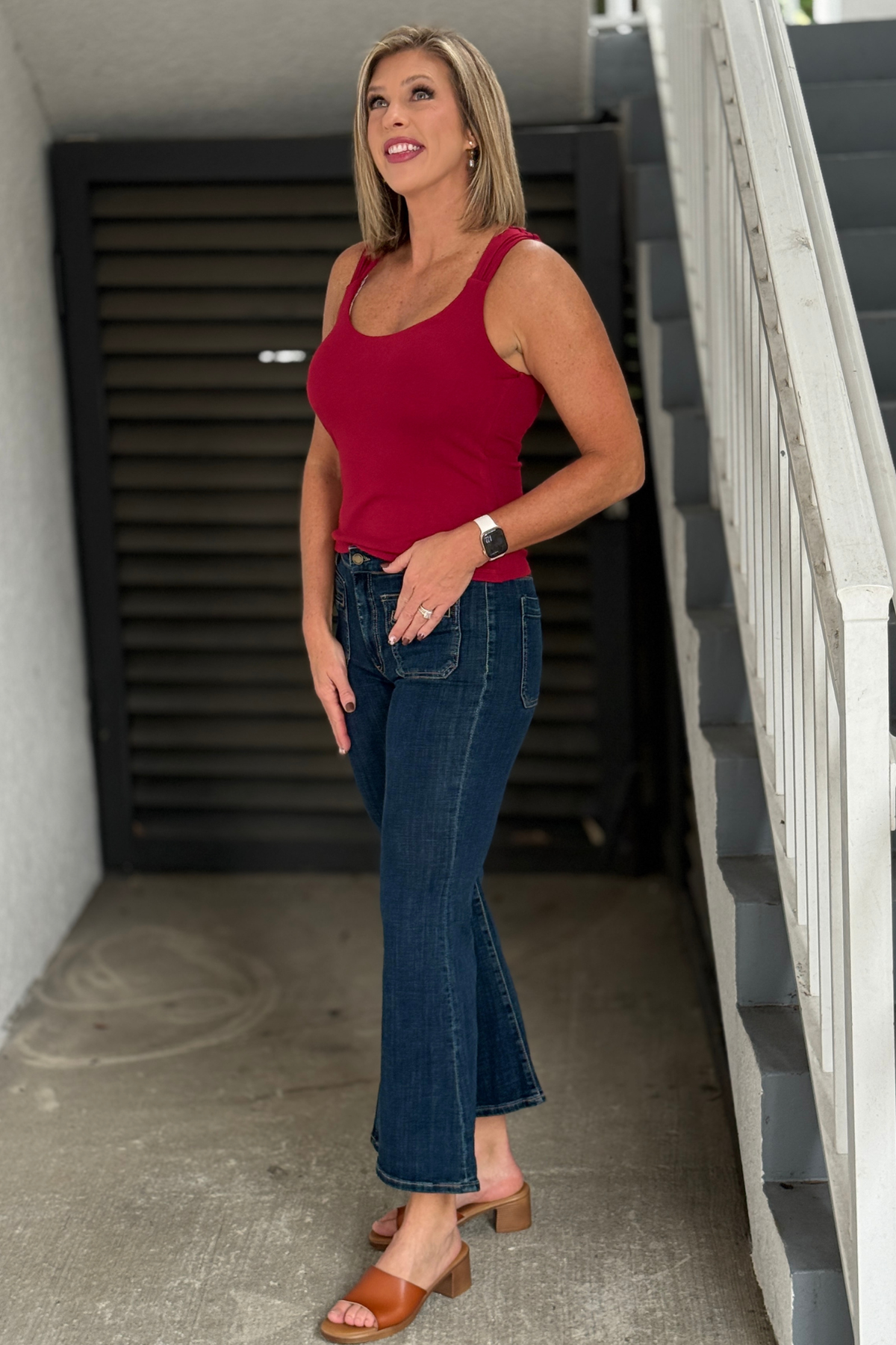 Collegiate Blue Liverpool Hannah mid-rise flare jeans side view