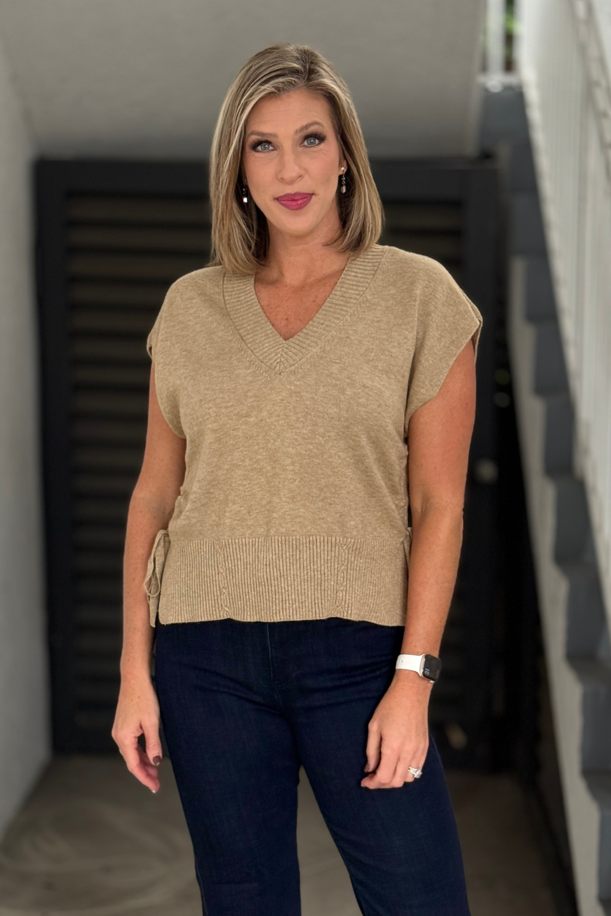 Women’s khaki dolman sweater with adjustable side ties