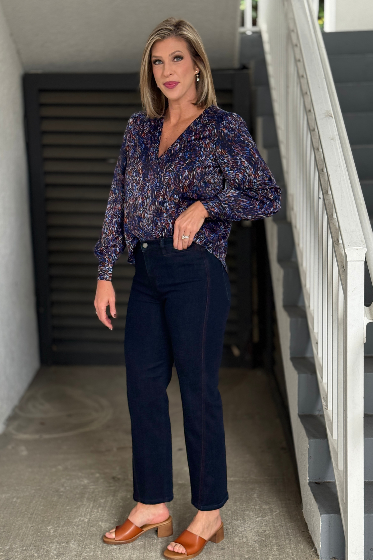 Liverpool Midnight Eclipse denim styled with printed Fall blouse