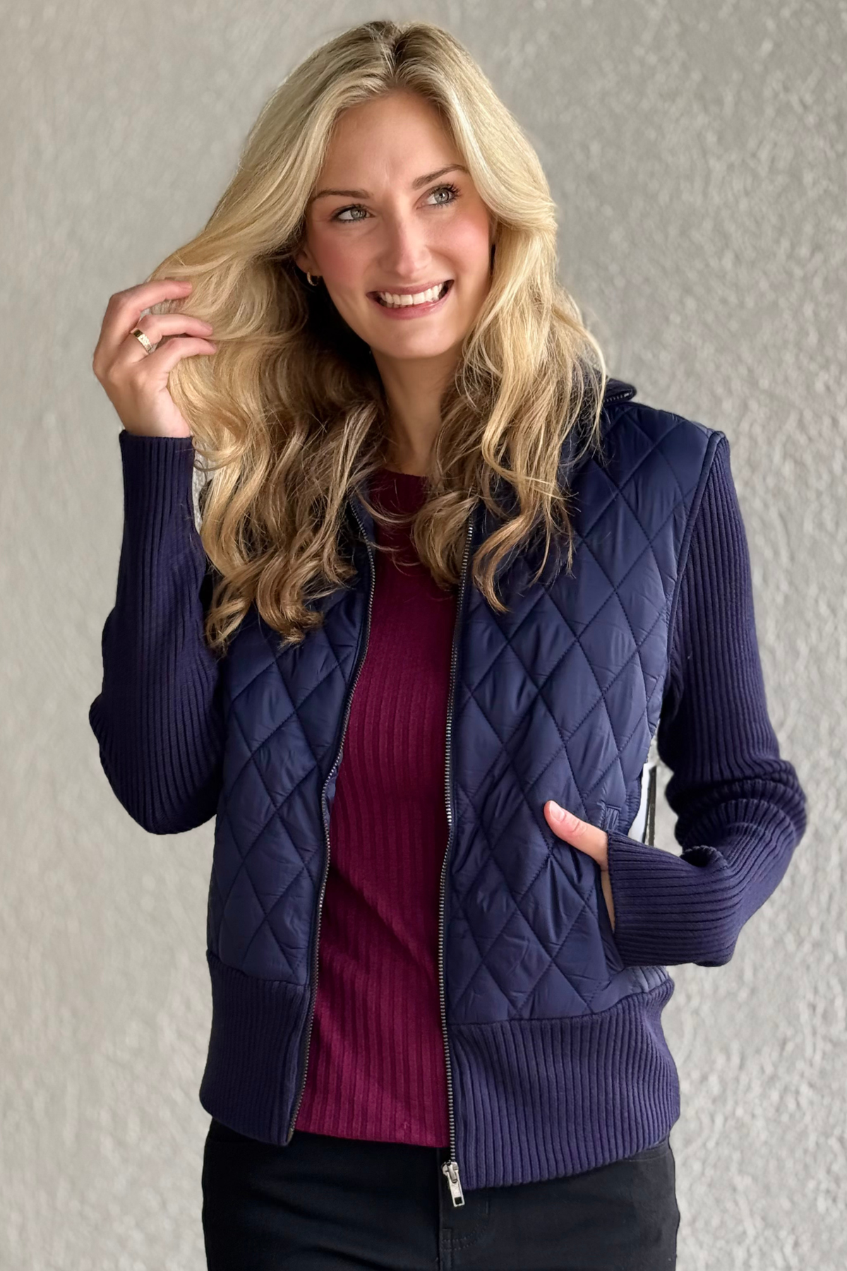 Liverpool Quilted Zip-Front Sweater Jacket in Navy front view