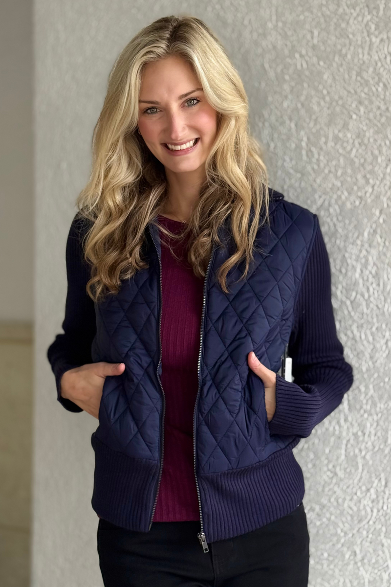 Liverpool Navy Quilted Sweater Jacket with zip closure