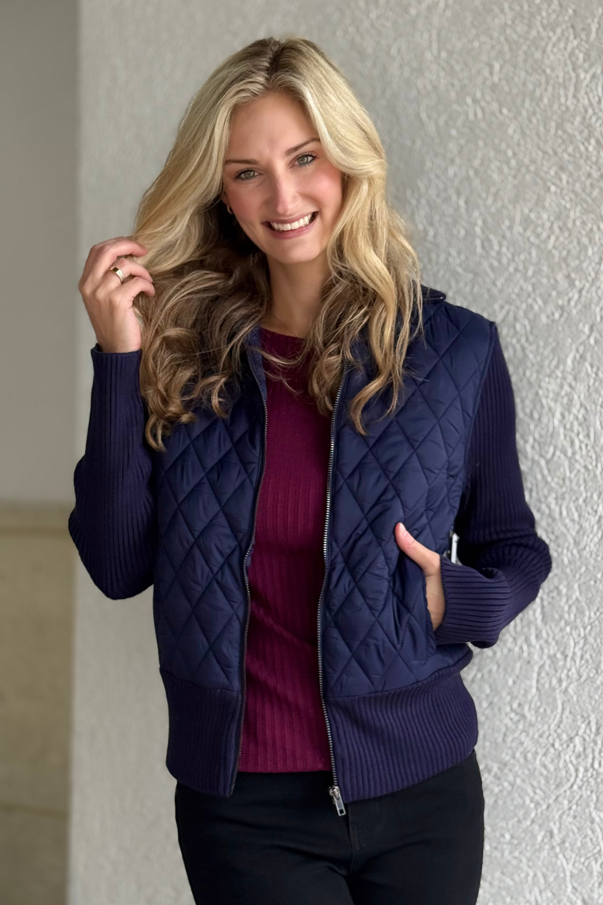 Close-up of quilted body and ribbed sleeve detail on Liverpool jacket