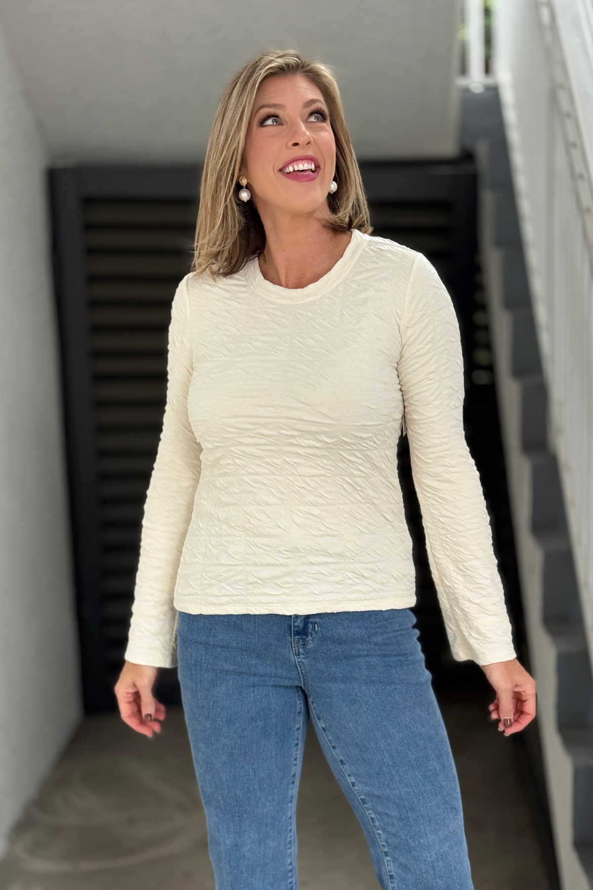 Liverpool Crinkle Knit Flare Sleeve Top in Cream front view